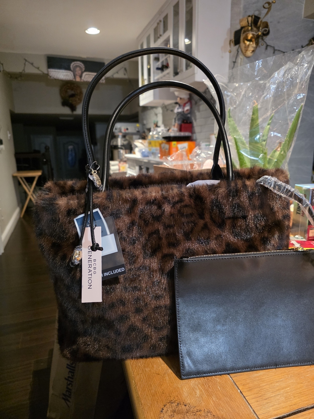 Faux Fur Leopard Tote Bag with Removable Pouch - Brown BCBG